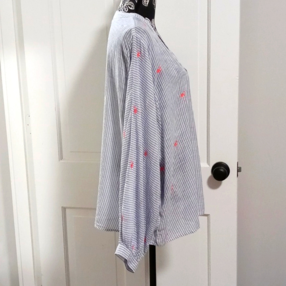 🦩Crown & Ivy🦩 - Blue/White Stripe Embroidered Flamingo Kimono Style Top - Picture 6 of 14